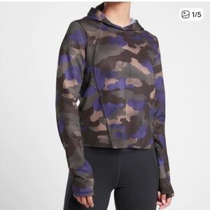 Athleta Pinnacle Hoodie in a blue and purple camouflage print.
